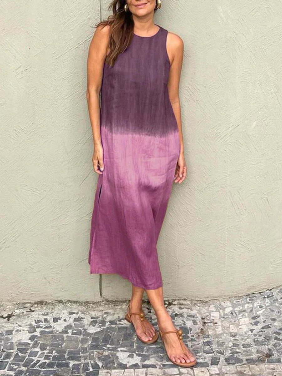 Women's Sleeveless Linen Blend Tie-Dye Fall Midi Dress
