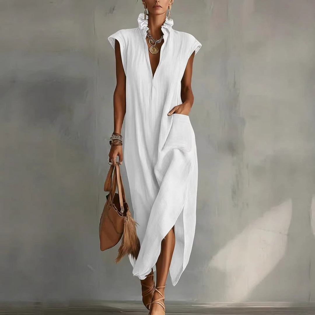 Women's Sleeveless Linen Ruffled V-Neck Midi Formal Dress