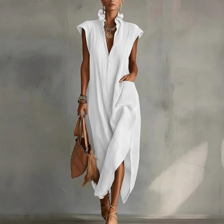 Women's Sleeveless Linen Ruffled V-Neck Midi Formal Dress