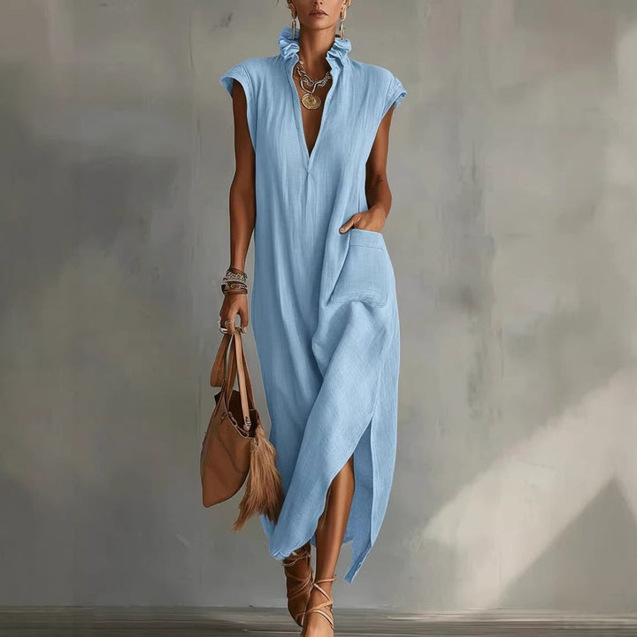 Women's Sleeveless Linen Ruffled V-Neck Midi Formal Dress