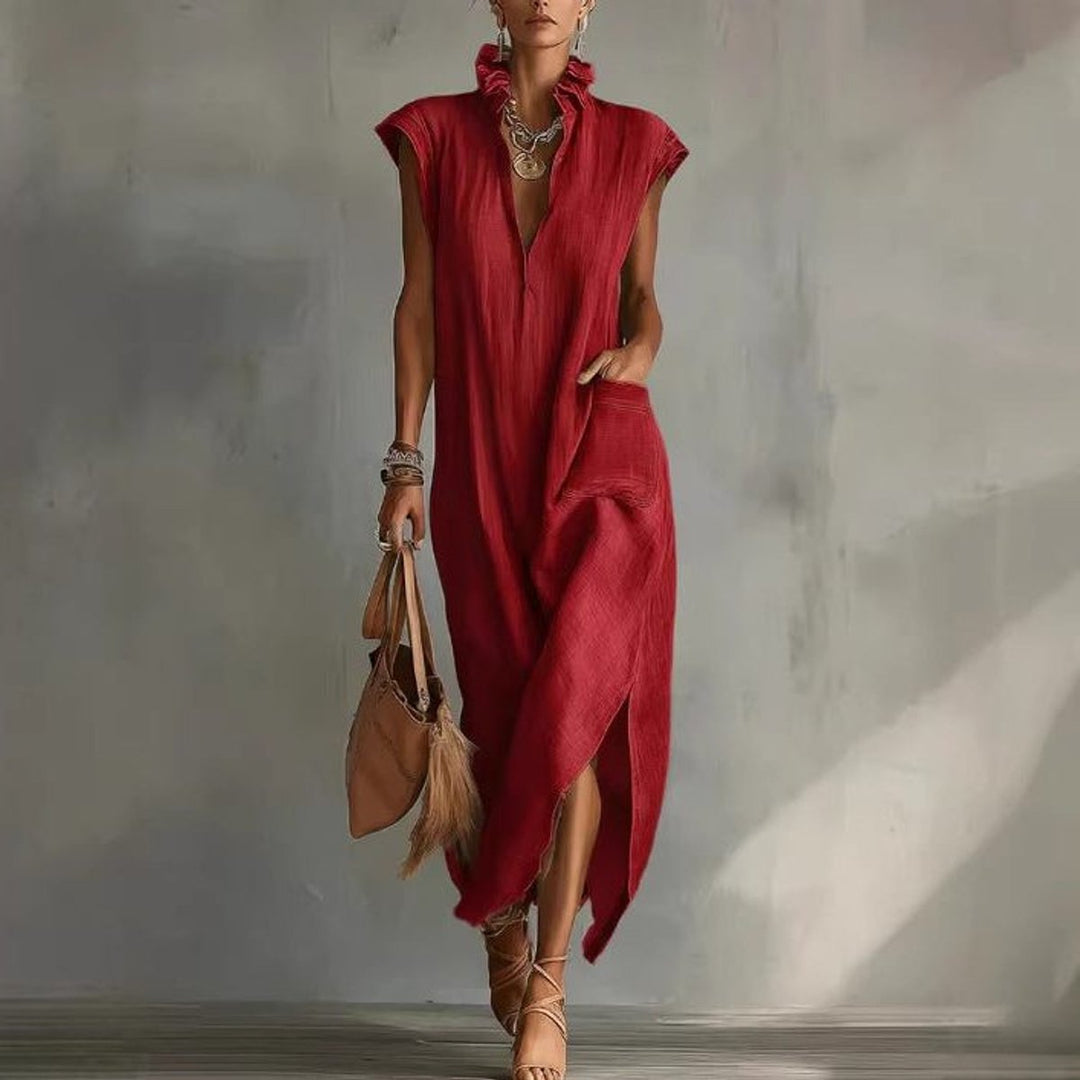Women's Sleeveless Linen Ruffled V-Neck Midi Formal Dress