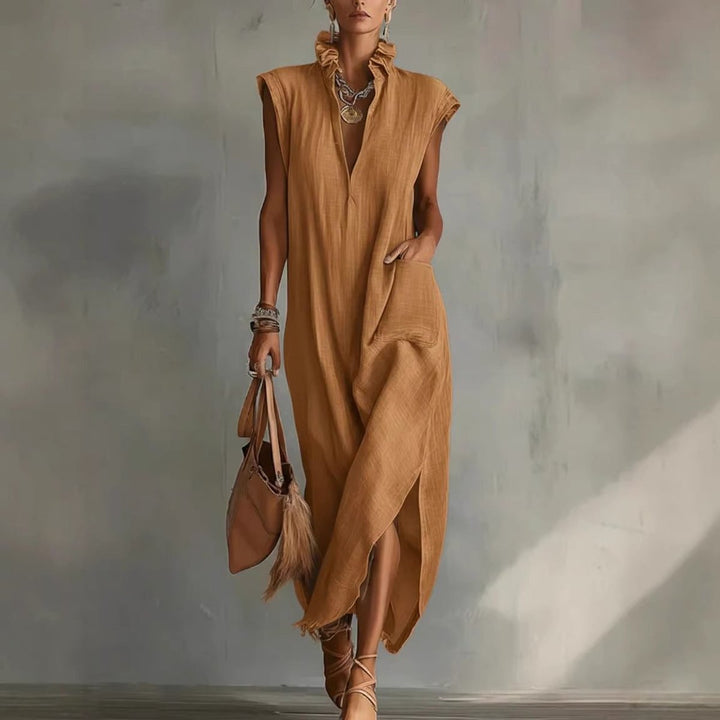 Women's Sleeveless Linen Ruffled V-Neck Midi Formal Dress