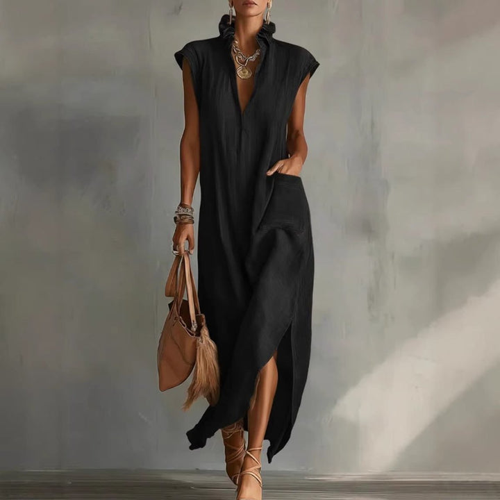 Women's Sleeveless Linen Ruffled V-Neck Midi Formal Dress