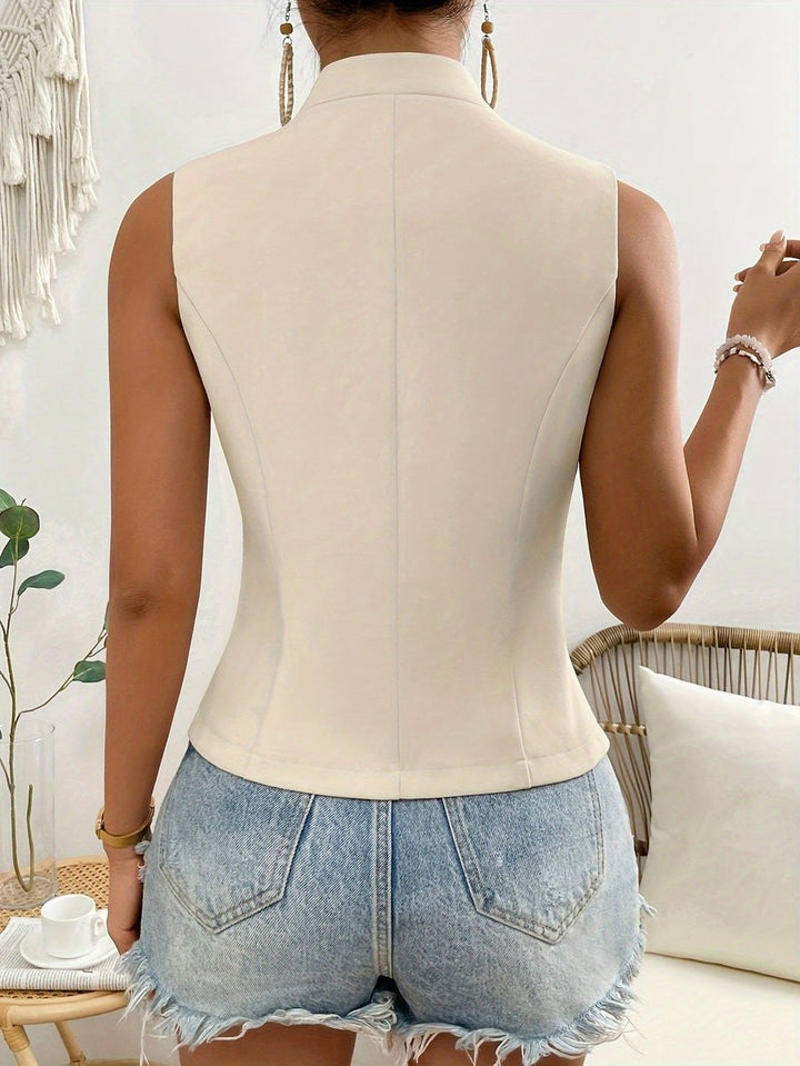Women's Sleeveless Mock-Neck Button-Front Blazer Vest Top