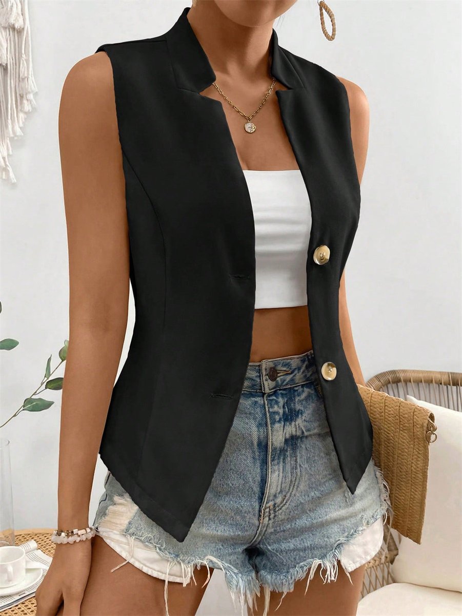 Women's Sleeveless Mock-Neck Button-Front Blazer Vest Top