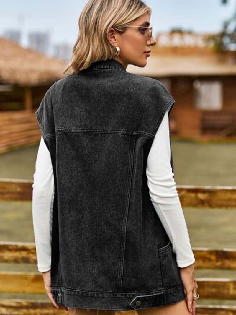Women's Sleeveless Oversized Button-Up Denim Jacket Vest