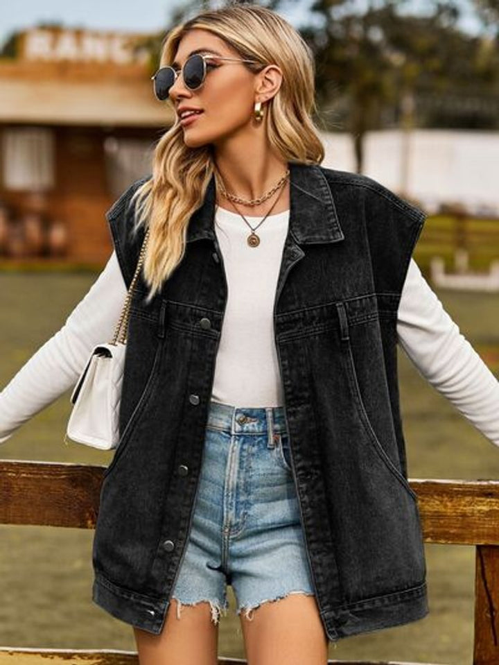 Women's Sleeveless Oversized Button-Up Denim Jacket Vest