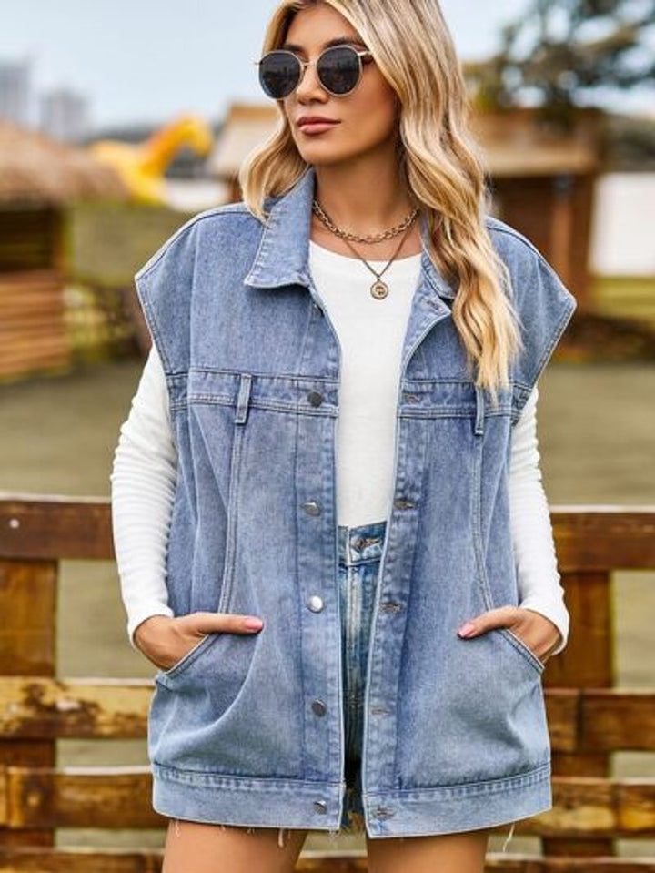 Women's Sleeveless Oversized Button-Up Denim Jacket Vest