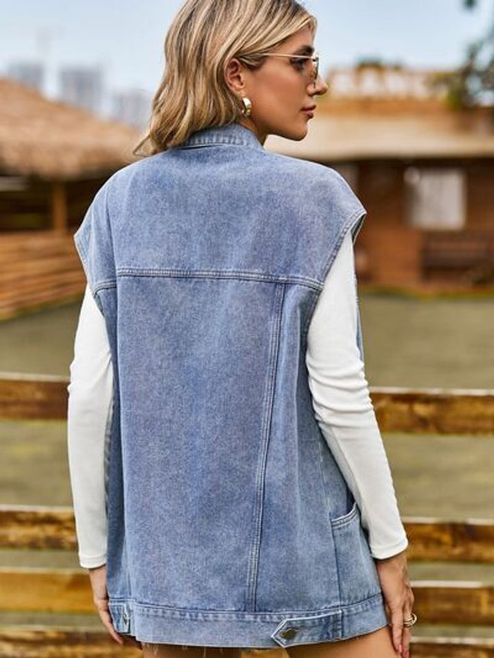 Women's Sleeveless Oversized Button-Up Denim Jacket Vest