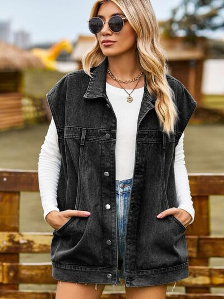 Women's Sleeveless Oversized Button-Up Denim Jacket Vest