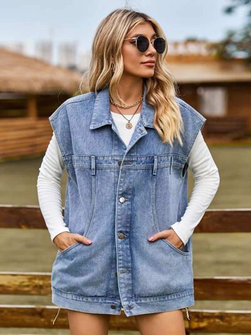 Women's Sleeveless Oversized Button-Up Denim Jacket Vest