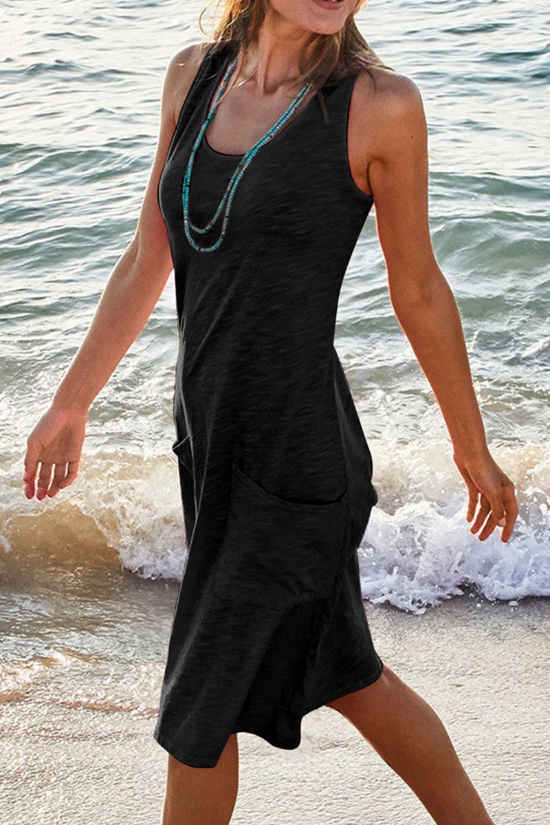 Women's Sleeveless Pocket Fall Midi Dress Tank Style