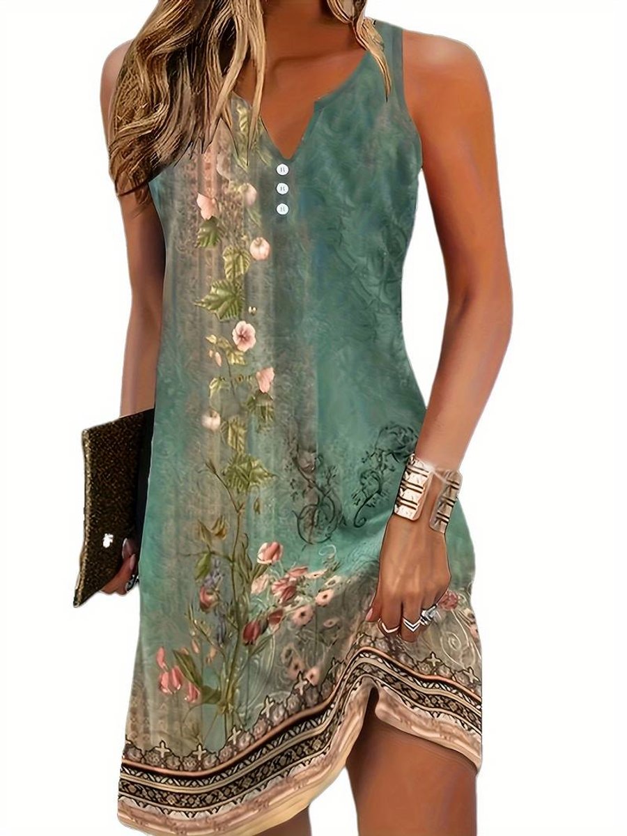 Women's Sleeveless Relaxed-Fit Boho Floral Fall Midi Dress