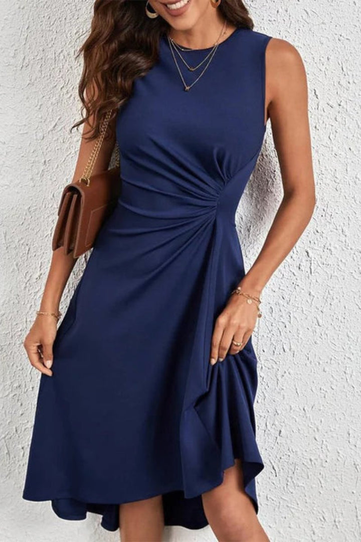 Women's Sleeveless Ruched-Waist A-Line Fall Midi Dress