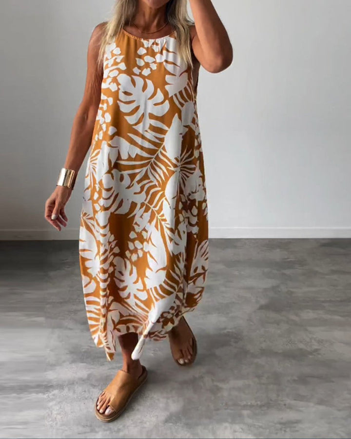 Women's Sleeveless Tropical-Print Relaxed Fall Midi Dress