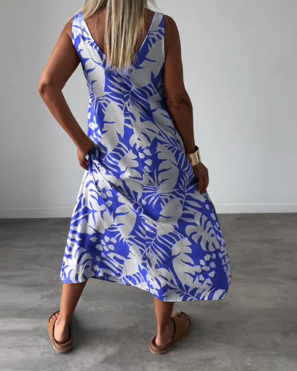 Women's Sleeveless Tropical-Print Relaxed Fall Midi Dress