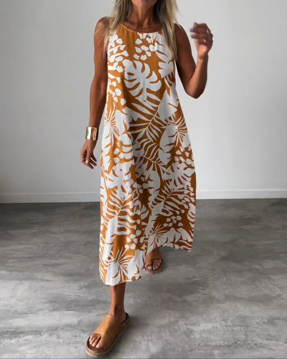 Women's Sleeveless Tropical-Print Relaxed Fall Midi Dress