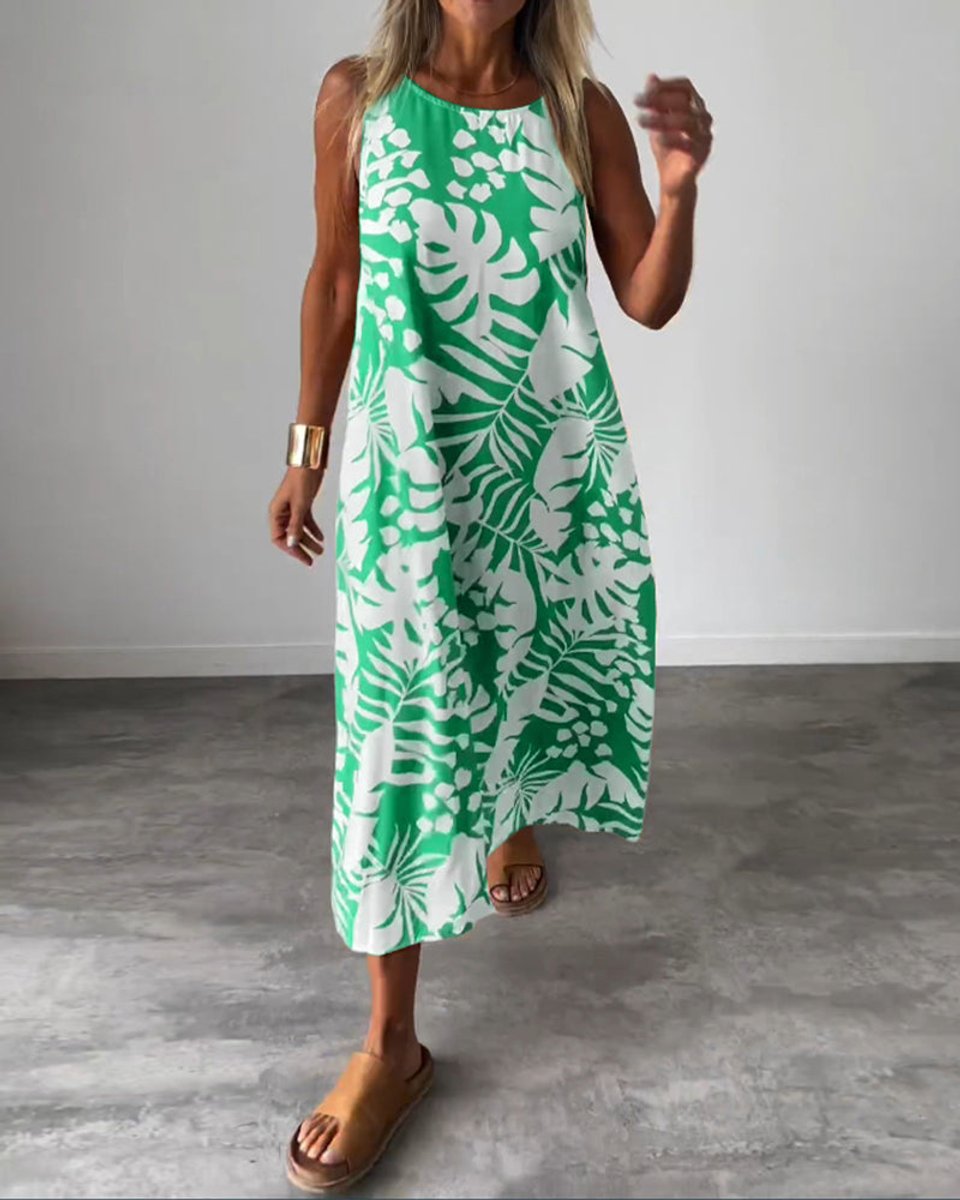 Women's Sleeveless Tropical-Print Relaxed Fall Midi Dress