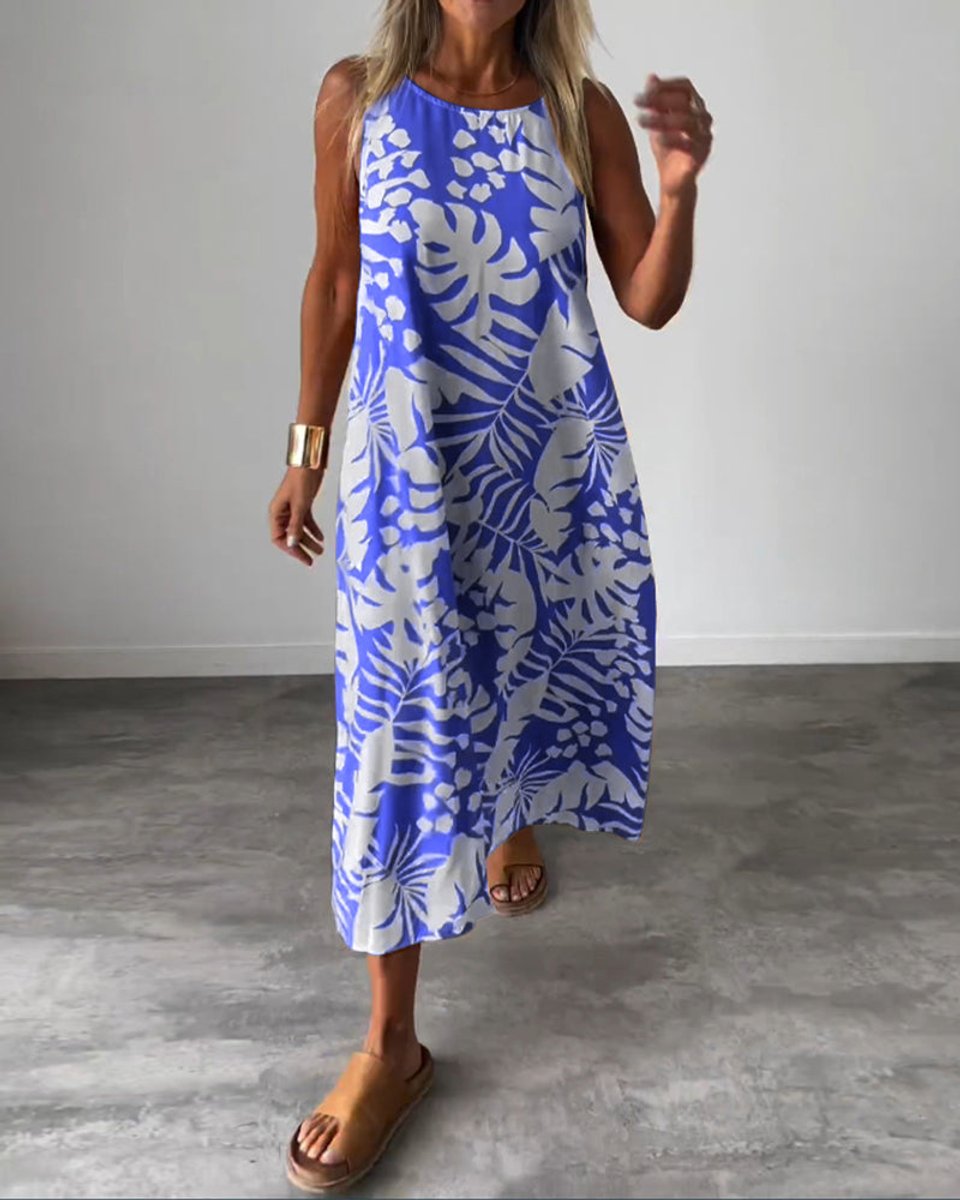 Women's Sleeveless Tropical-Print Relaxed Fall Midi Dress
