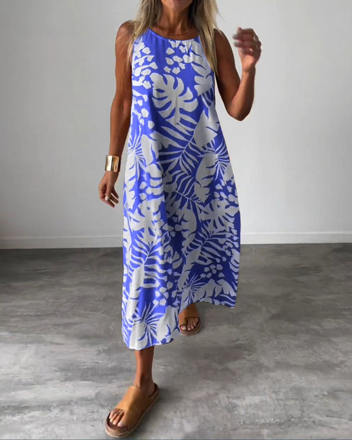 Women's Sleeveless Tropical-Print Relaxed Fall Midi Dress