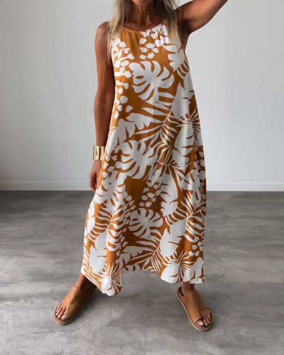 Women's Sleeveless Tropical-Print Relaxed Fall Midi Dress