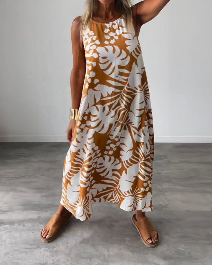 Women's Sleeveless Tropical-Print Relaxed Fall Midi Dress