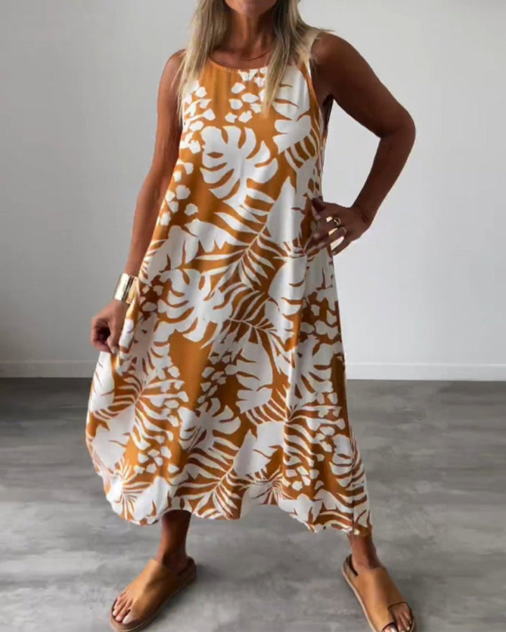 Women's Sleeveless Tropical-Print Relaxed Fall Midi Dress
