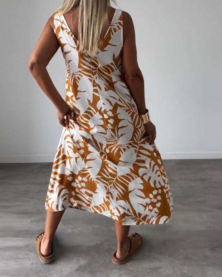 Women's Sleeveless Tropical-Print Relaxed Fall Midi Dress