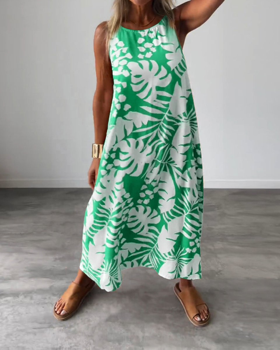 Women's Sleeveless Tropical-Print Relaxed Fall Midi Dress
