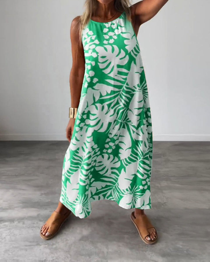 Women's Sleeveless Tropical-Print Relaxed Fall Midi Dress