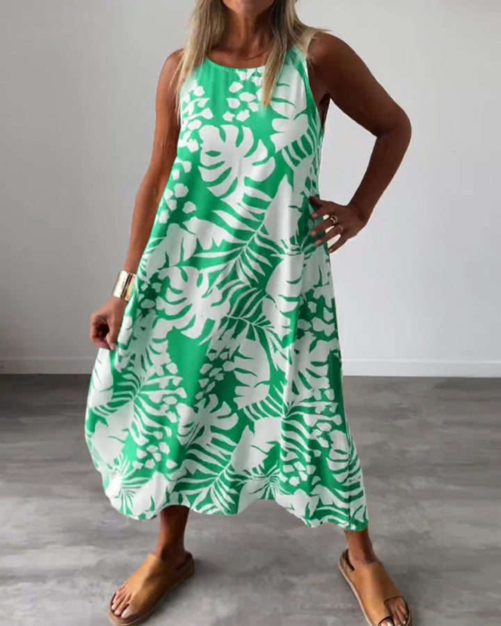 Women's Sleeveless Tropical-Print Relaxed Fall Midi Dress