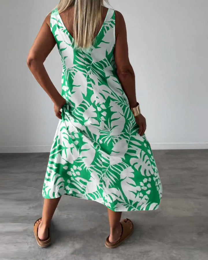 Women's Sleeveless Tropical-Print Relaxed Fall Midi Dress
