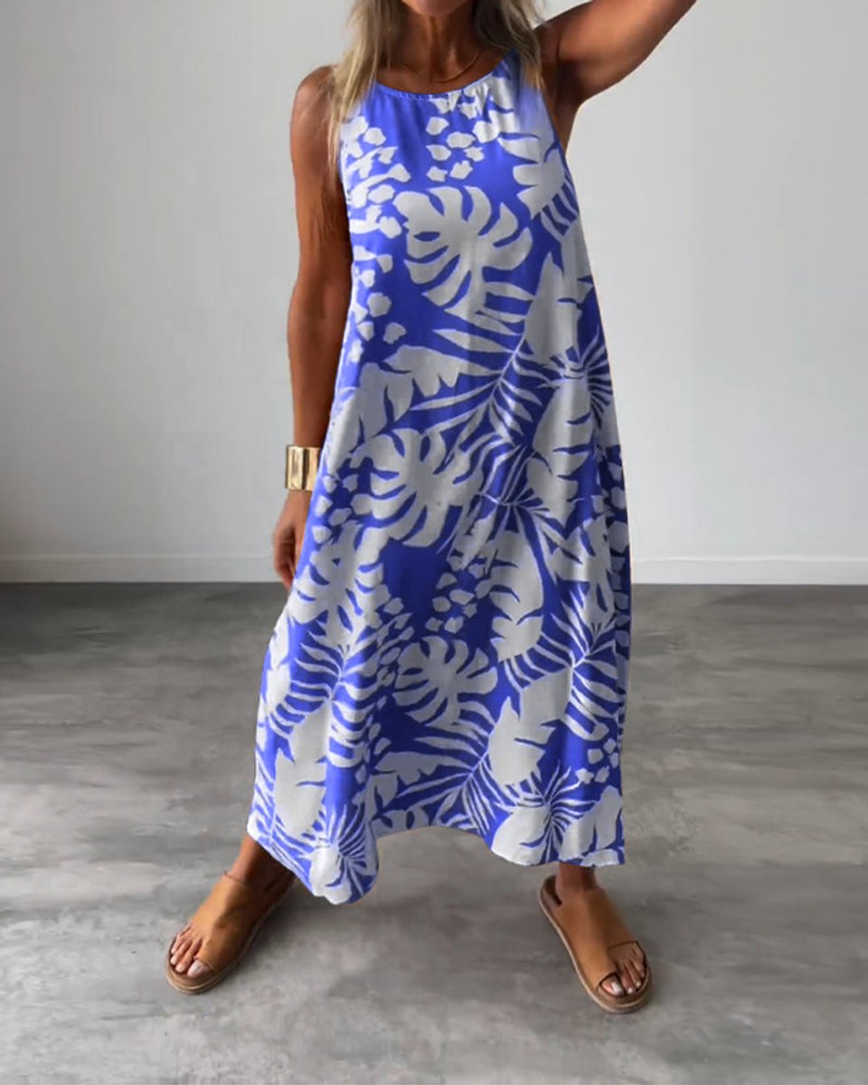 Women's Sleeveless Tropical-Print Relaxed Fall Midi Dress