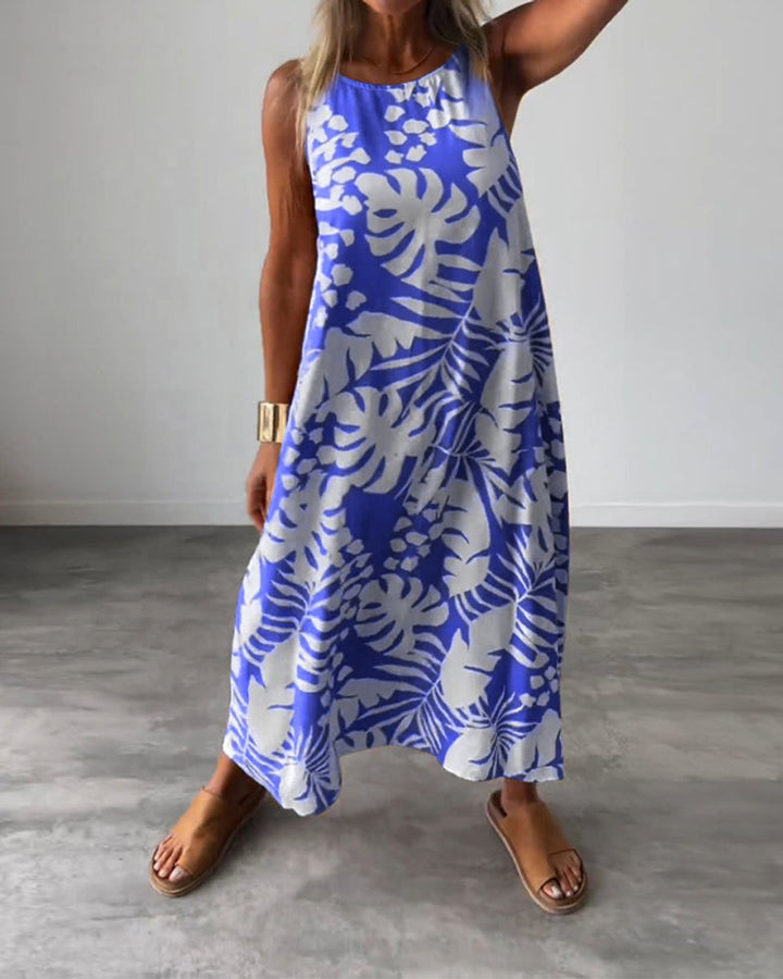 Women's Sleeveless Tropical-Print Relaxed Fall Midi Dress