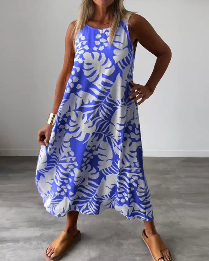 Women's Sleeveless Tropical-Print Relaxed Fall Midi Dress