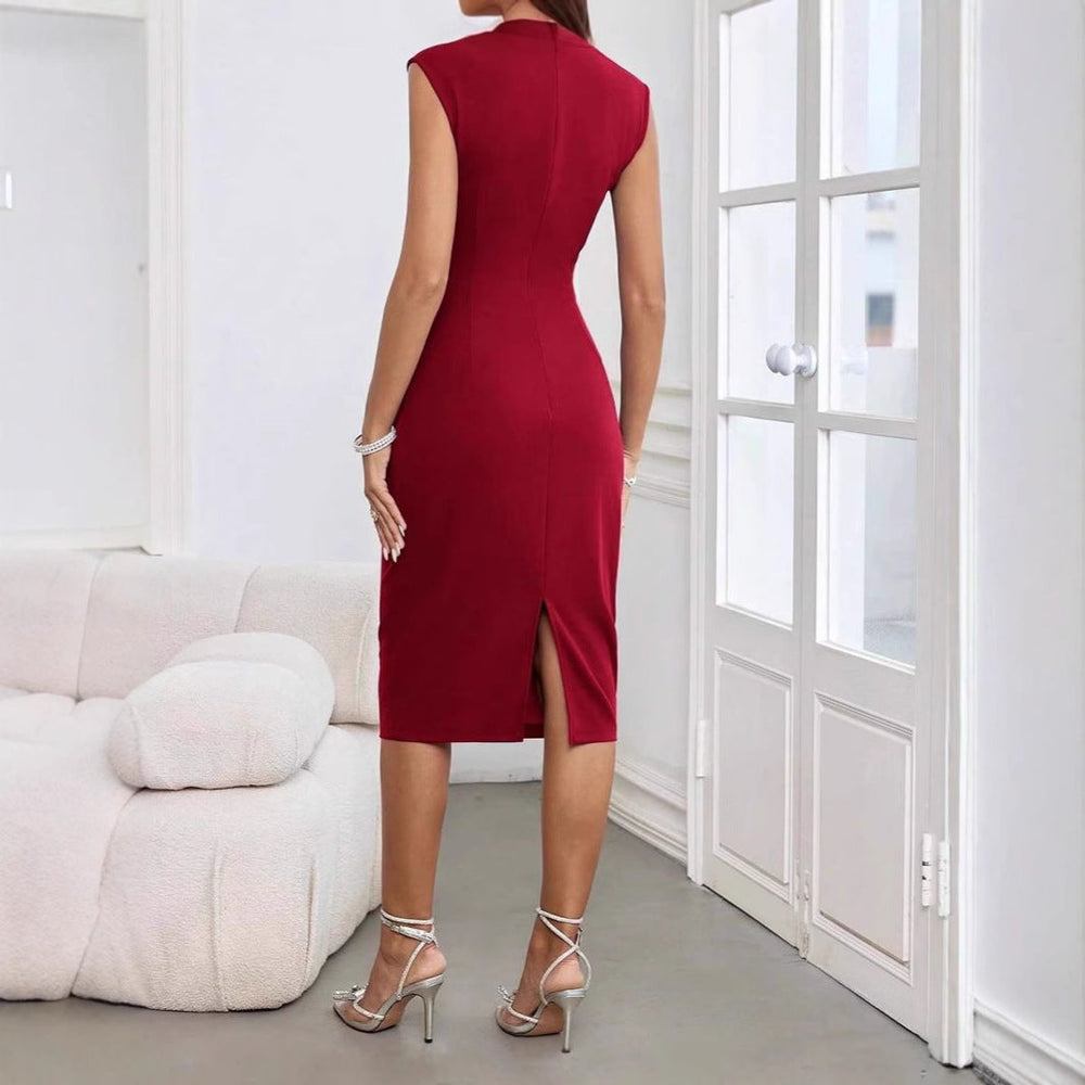 Women's Sleeveless V-Neck Ruched Bodycon Fall Midi Dress