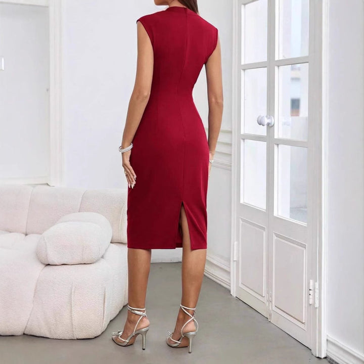 Women's Sleeveless V-Neck Ruched Bodycon Fall Midi Dress