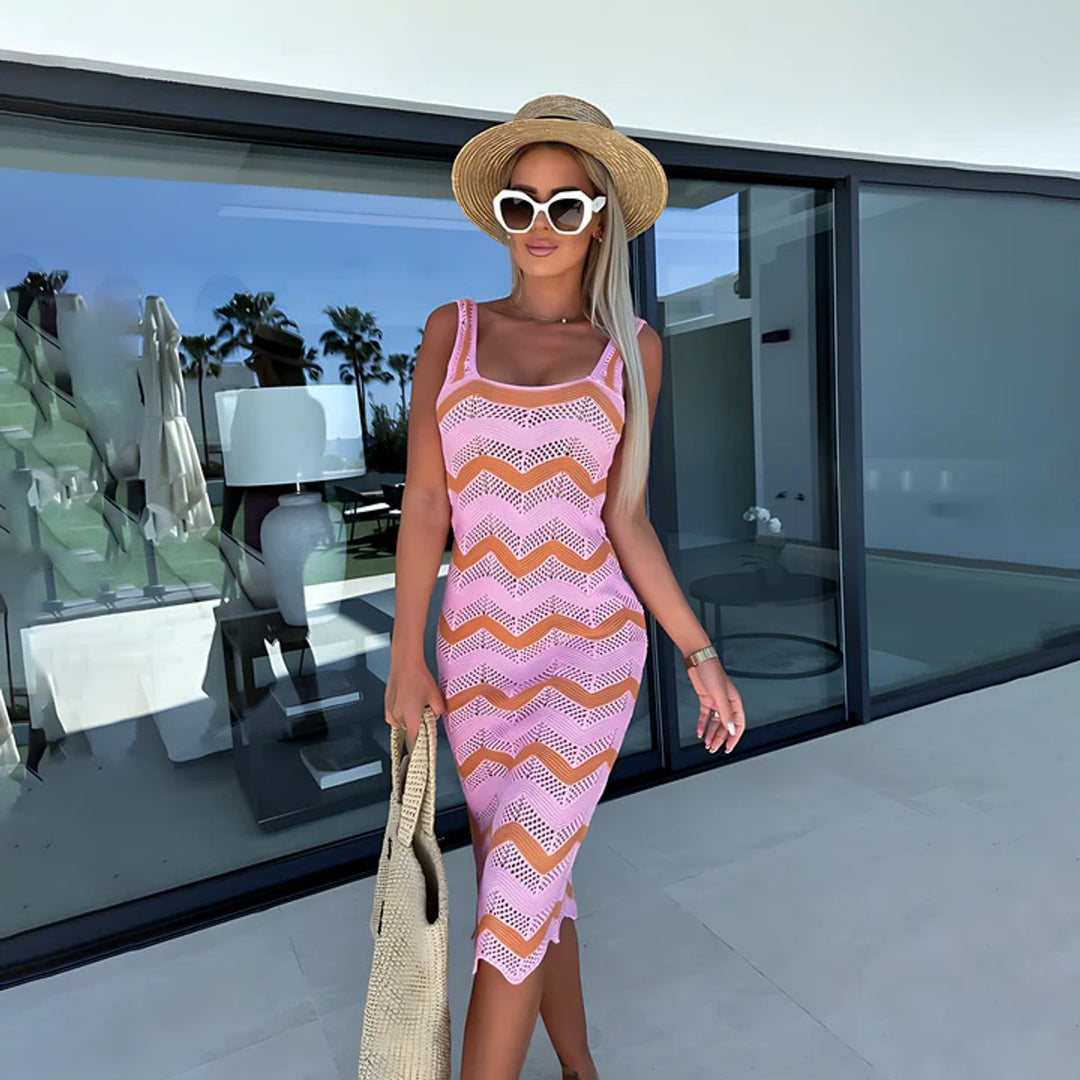 Women's Sleeveless Wave-Stripe Knit Fall Midi Dress