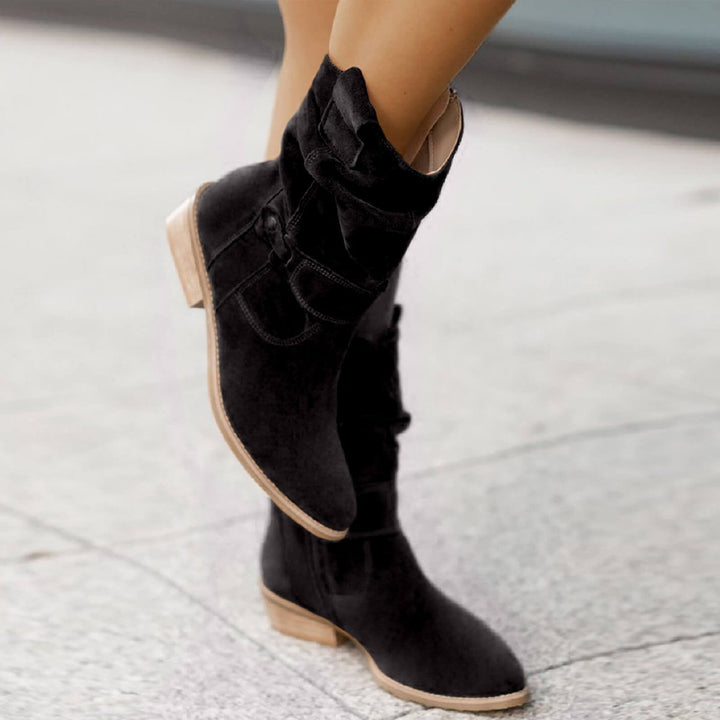Women's Slouchy Suede Mid-Calf Ankle Boots Buckle Strap Flat