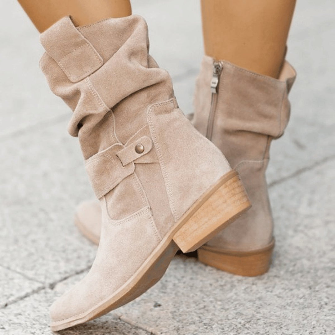 Women's Slouchy Suede Mid-Calf Ankle Boots Buckle Strap Flat