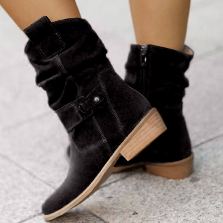 Women's Slouchy Suede Mid-Calf Ankle Boots Buckle Strap Flat