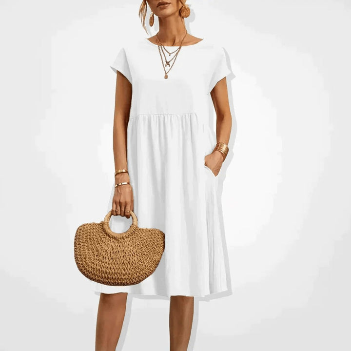 Women's Smocked Babydoll Fall Midi Dress Cap Sleeve Pockets
