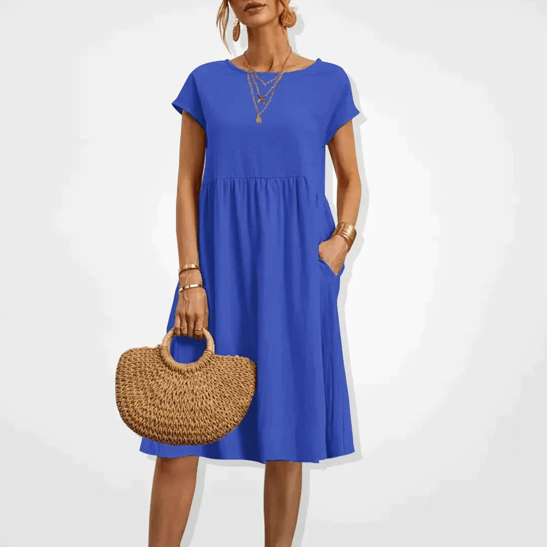 Women's Smocked Babydoll Fall Midi Dress Cap Sleeve Pockets