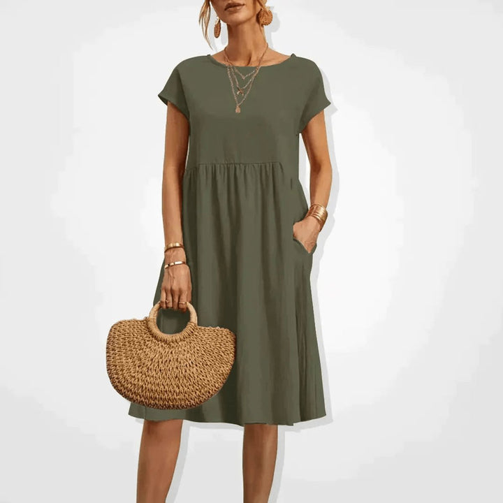 Women's Smocked Babydoll Fall Midi Dress Cap Sleeve Pockets