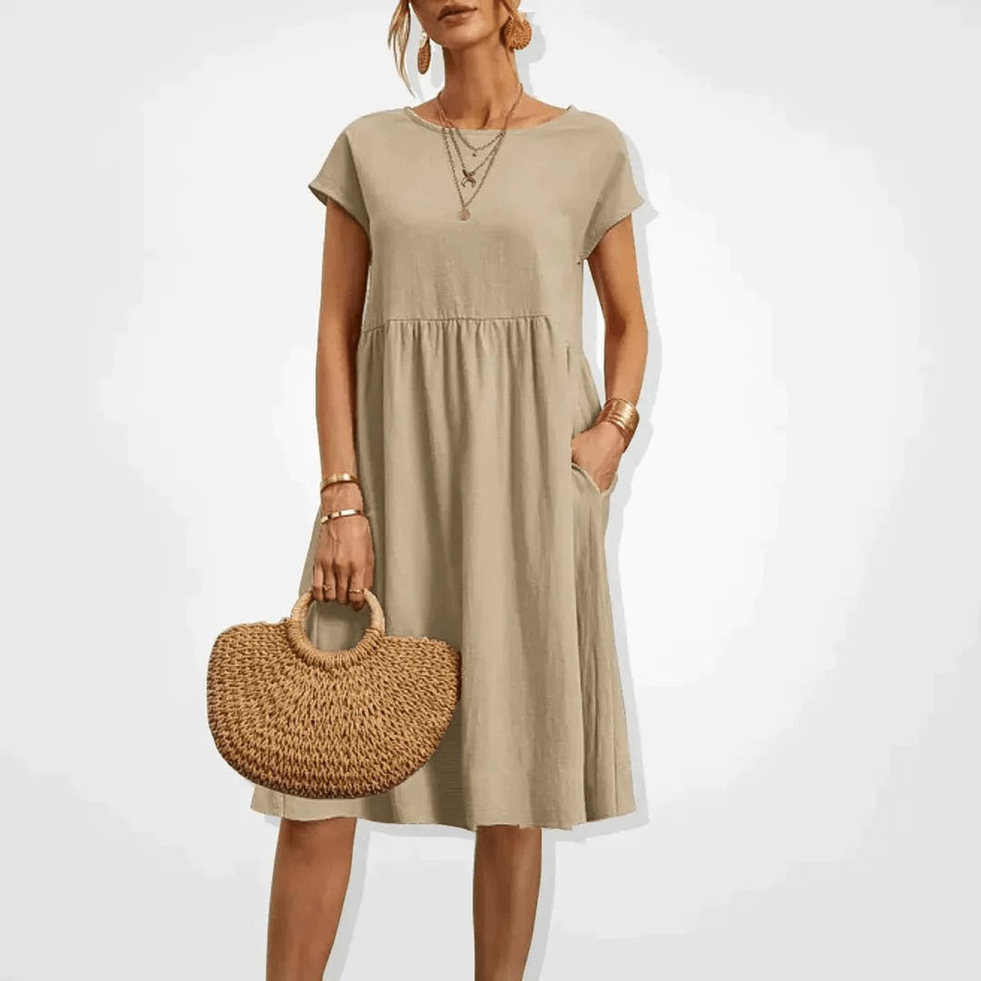 Women's Smocked Babydoll Fall Midi Dress Cap Sleeve Pockets