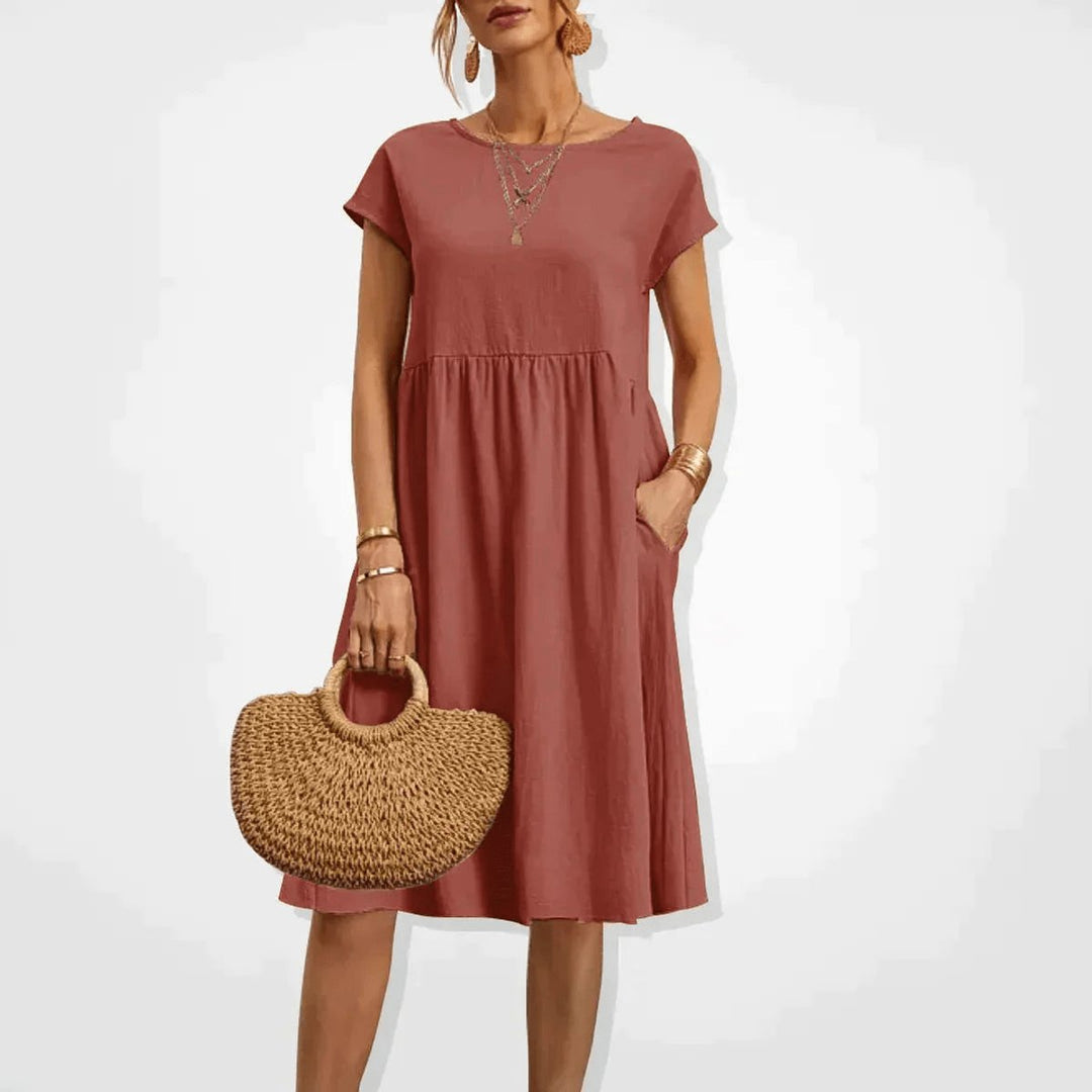 Women's Smocked Babydoll Fall Midi Dress Cap Sleeve Pockets