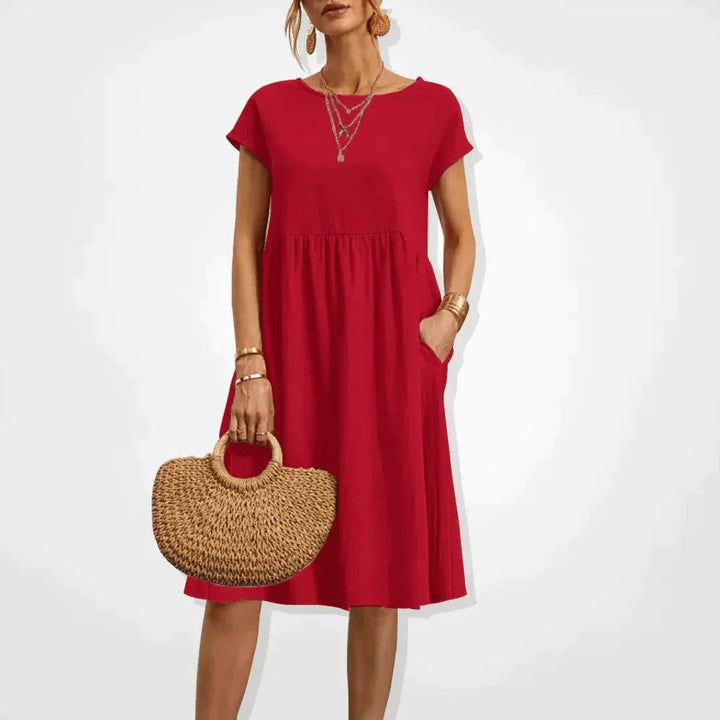 Women's Smocked Babydoll Fall Midi Dress Cap Sleeve Pockets