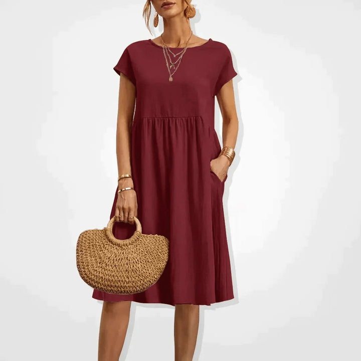 Women's Smocked Babydoll Fall Midi Dress Cap Sleeve Pockets