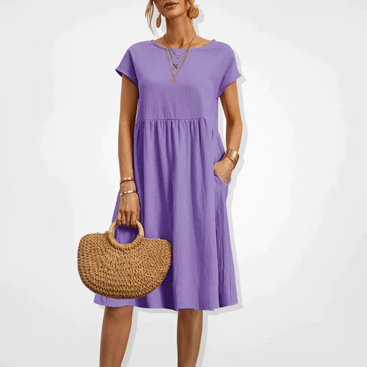 Women's Smocked Babydoll Fall Midi Dress Cap Sleeve Pockets