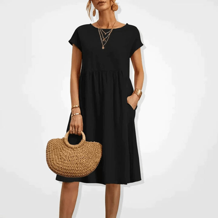 Women's Smocked Babydoll Fall Midi Dress Cap Sleeve Pockets